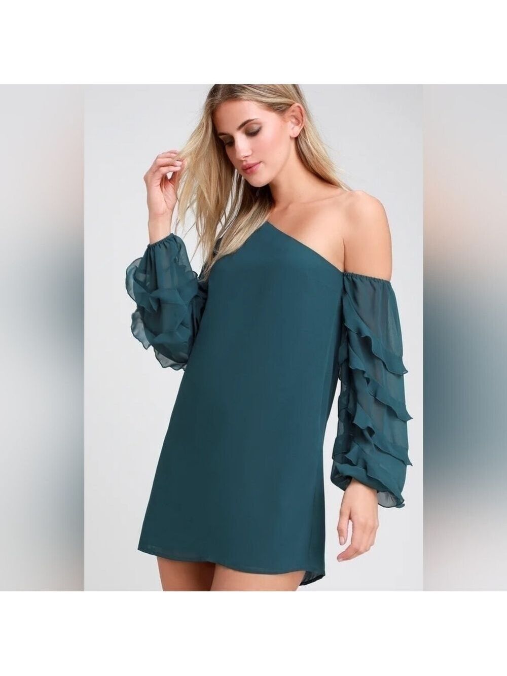 HP Ali & Jay Teal Blue Ruffled One Shoulder Mini Dress